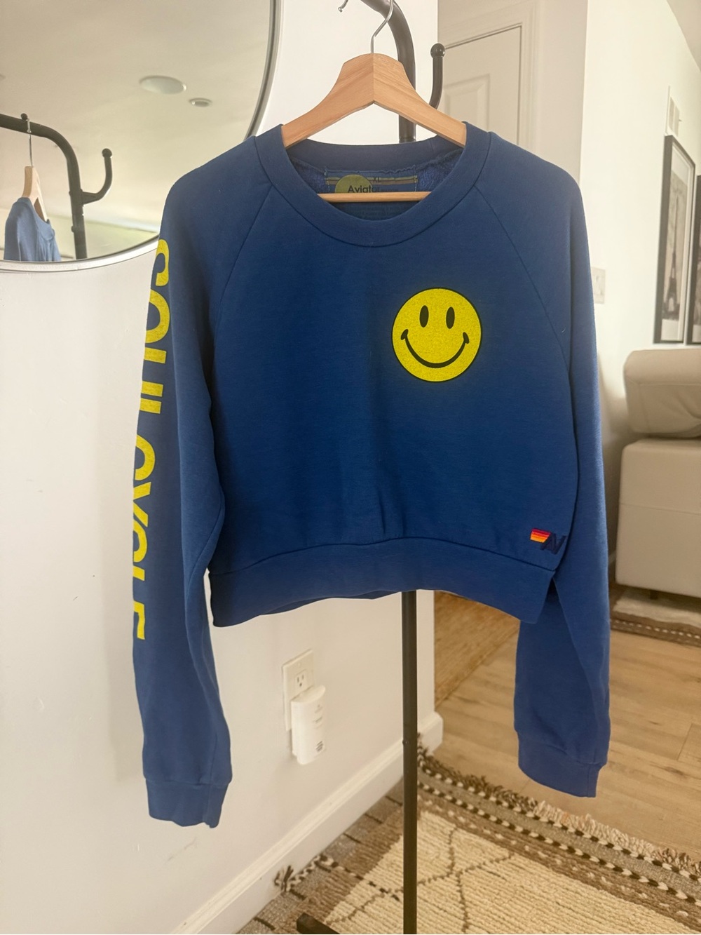 Aviator Nation Navy Crewneck with Yellow Smiley and Sleeve Script (Soul Cycle)